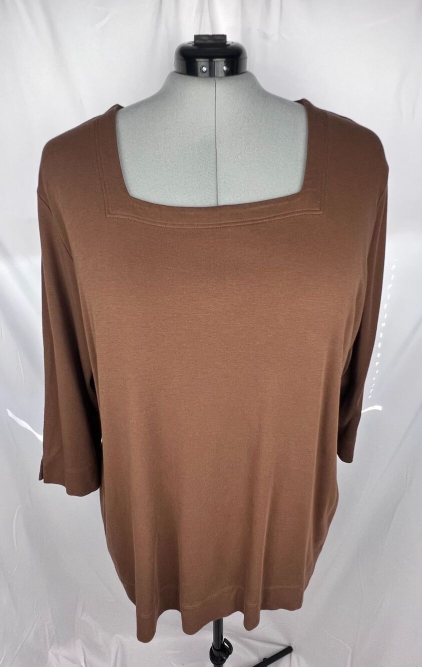 NorthStyle Womens 3X Brown Pima Cotton Square Neck Top 3/4 Sleeve Minimalist